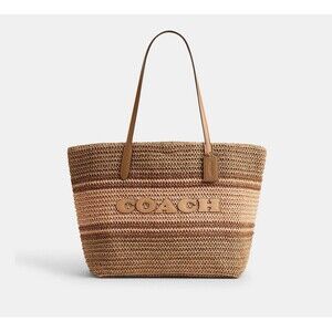 COACH Straw and smooth leather City Tote Bag CBG87 Im/Honey Brown